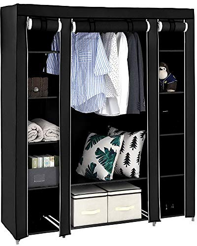 Bonnlo Kleiderschrank, 150 x 45 x 175 cm, Stoffschrank mit Kleiderstange und Ablagen Stabil, Stoffkleiderschrank für Schlafzimmer, viel Platz, Faltschrank (Schwarz, 150-12)