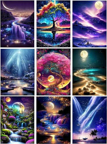 9-Pack Landschaft Diamond Painting Kits für Erwachsene, 5D DIY Aurora mit Baum Diamond Art Kits für Anfänger Runde volle Bohrer Paint by Diamonds für Home Wall Decor Geschenk12X16Inch