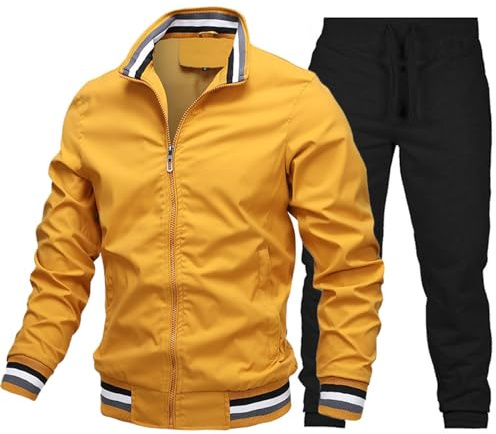WAZHAKU Tuta da jogging da uomo, lunga, sportiva, oversize, abbigliamento sportivo, in due pezzi, set da 2 pezzi, giacca da allenamento e pantaloni sportivi, giallo., XXL