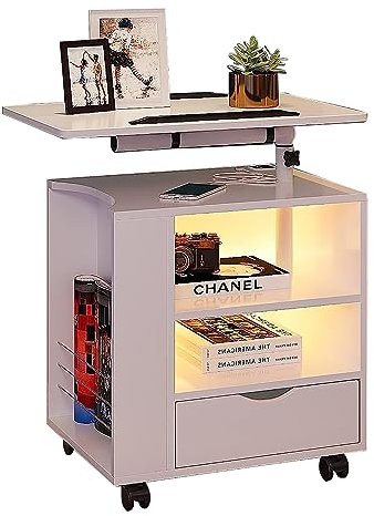 Verstellbarer drehbarer Laptop-Schreibtisch mit Schubladen und Zeitschriftenhalter, weißer Nachttischwagen mit Rädern für Nachttisch, Arbeitsplatz