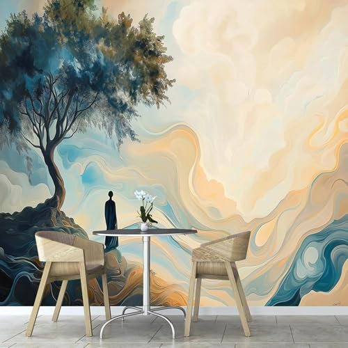 Fotomural Zen Cima De Montaña Árbol Fotomurales Pared, 300×210 cm Papel Pintado 3D, Plantas Abstractas Moderna Decoración De Pared Sala Cuarto Oficina Salón