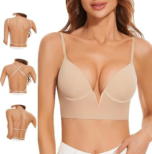 Uoolerp Soutien Gorge Dos Nu - Rembourrage Léger sans Couture Soutien Gorge Dos Nu Invisible Décolleté Plongeant Brassière Soutien Gorge avec Armature Bretelles Réglables(Nude,95C)