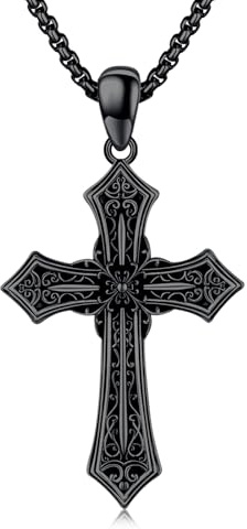 Midir&Etain Silber/Schwarzer Gotische Kreuzkette für Herren Damen 925 Sterling Silber Christliche Glaube Schmuck Valentinstags Geburtstags Geschenke