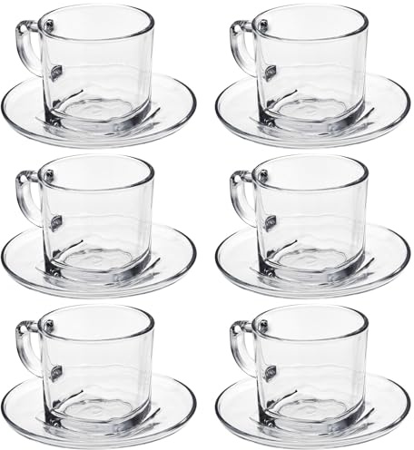 Queensway Home & Dining 12Pc Modern Glass Coffee & Tea Set, Espresso, Cappuccino Glassware, Includes 6 Mugs & Matching Saucers, Square Base Design, Dishwasher & Freezer Safe, Presented in a Gift Box