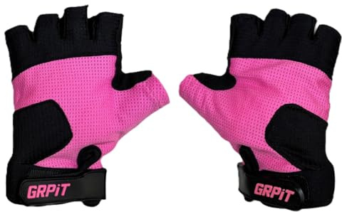 GRPiT Kids Gloves for Biking, Scootering & Playground Fun – Half Finger Padded Bike Gloves for Boys & Girls – Ages 5 to 12 – Comfortable, Durable, Adjustable Fit (Pink, 9/10, Right/Left)