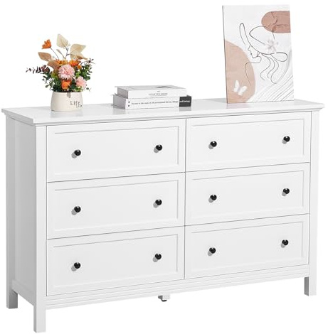 VEVOR Cassettiera a 6 Cassetti 39,6 x 120,1 x 78,7 cm Cassettiera in Legno con Meccanismo Scorrevole e Antiribaltamento, Porta TV Organizzatore per Soggiorno, Corridoio, Camera da Letto, Bianco