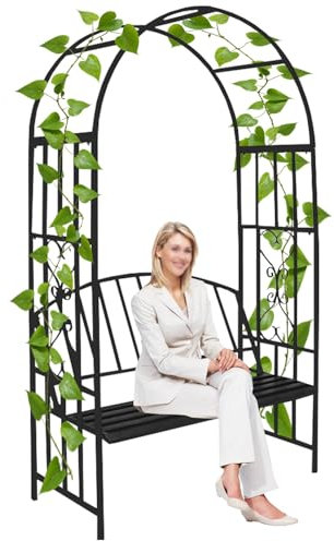 Garden Arch Trellis With Seat For Climbing Plants, Outdoor Arbor Wedding Decoration Pergola Yard Rose Trellis Metal Arch With Bench, 45 X 20.5 X 82.7in