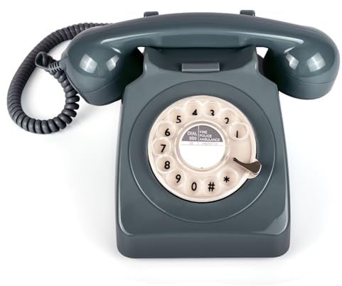 746 Rotary 1970s-style Retro Landline Phone - Curly Cord, Authentic Bell Ring (Gery) (Grey)
