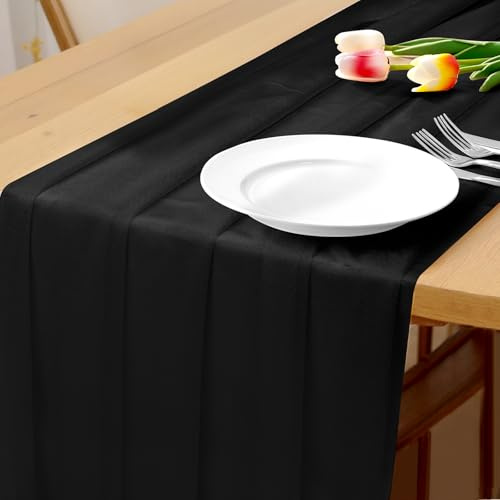 Bouiexye Chiffon Tischläufer 75x300 cm Natural Dünner Tischdeko für Hochzeitstisch Geburtstagsdeko Boho Rustikale Brautparty Elegante Tafeldecor (Schwarz)