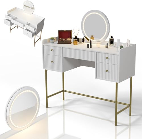 Juskys Schminktisch Samira mit Touch-LED-Spiegel, 5 Schubladen, viel Stauraum, modernes Design, kompakt & pflegeleicht für Make-up – Weiß/Gold