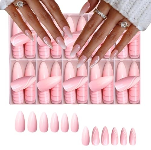 Auriselle 120 pezzi 12 misure Set di unghie finte Linee - Design Gradual Bianco Rosa Almond artificiali da incollare Aspetto naturale Lunga durata Matrimoni Feste Vita quotidiana Unghie artificiali
