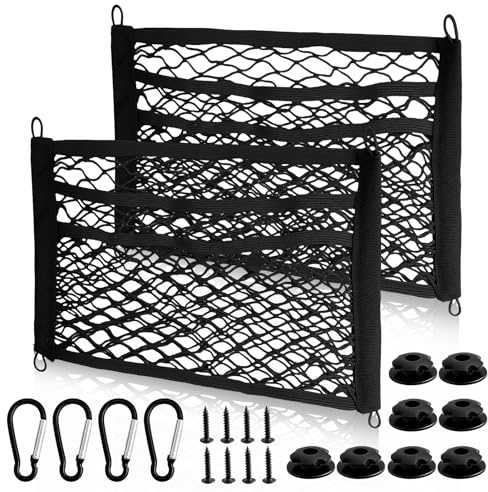 MERVYNGLYNNHUNTER Lot de 2 filets de rangement à 3 couches pour camping-car, voiture, 45 x 25 cm, filet à bagages élastique avec 4 mousquetons, filet de coffre, sac en filet universel pour caravane