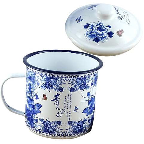 INOOMP Taza de Esmalte Retro Porcelana Azul y White 500ml para Camping
