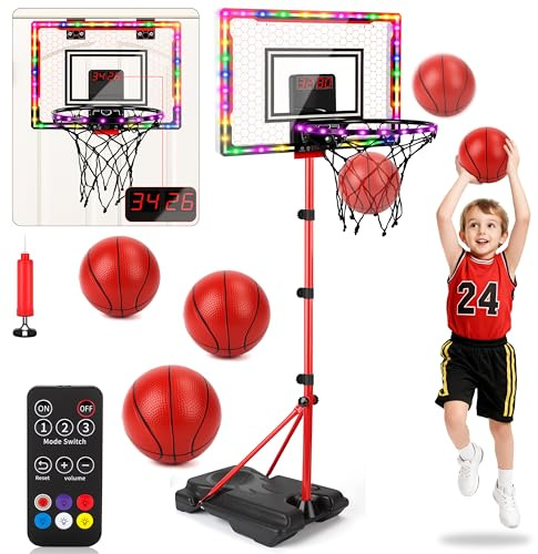 Panier Basket Enfant, Panier de Basket avec Tableau d'affichage Électronique Lumière LED et Son, 3 Modes de Jeu, Hauteur Réglable, Jouet Basketball Mural Extérieur Intérieur, Cadeaux Garçons 3+ Ans