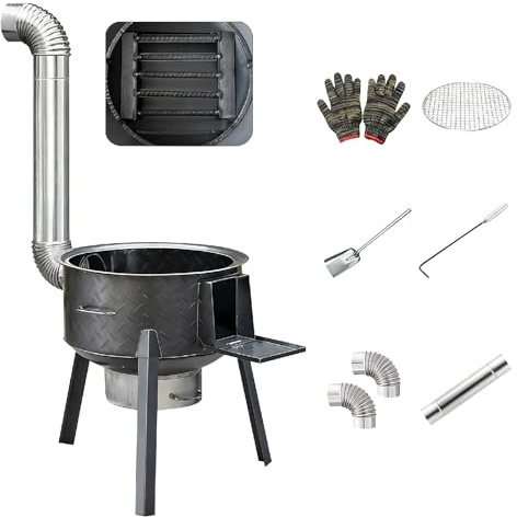 Kaminofen Holzofen mit 3 Wok-Ringen und Grillrost, 150 kg Tragfähigkeit, Holzofen für Camping und Kochen Im Garten, Inklusive Schornstein und Werkzeug(63x60cm/24.8x23.6in)