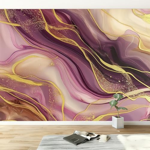 Fototapete Marmor Luxus Wirbel Streifen Tapete B250 x H175 cm, Lila Gold Fototapeten Vlies Tapeten Vliestapete Wandtapete Wandbild Wand Schlafzimmer Wohnzimmer Ornament Modern Design