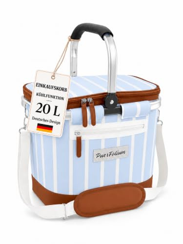 PuerFolium Kühltasche Einkaufskorb Kühlkorb 20L Faltbar Isoliert Thermo mit Deckel Reißverschluss Abnehmbarer Picknickkorb Aluminiumrahmen Thermokorb Schultergurt verstärkt für Einkauf Picknick Blau