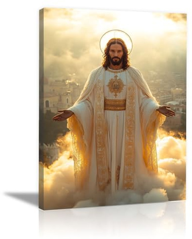 WIKEO Quadri su Tela Religiosi Gesù Gesù apre le mani Poster Moderni Quadri Stampa opere d'Arte da Parete Immagine Camera da Letto Ufficio(Oro)-40x60cm Incorniciato