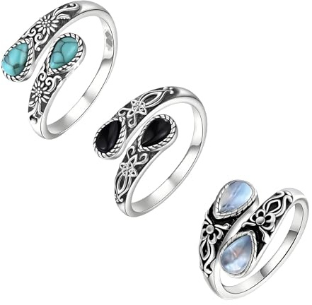 Suupii 3Pcs Moonstone Ring, Rings Women Silver Rings for Women Birthstone Adjustable Open Jewelry Mood Ringss Vintage Jewellery Ladies Ringses Witches Knot Ring Opal Ringss Ladies Silver Ringses