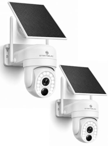 SYMYNELEC Telecamera di sorveglianza 2K per esterni, batteria solare, 5 GHz/2,4 GHz, Wi-Fi, per esterni, wireless, PTZ a 360°, con rilevamento di movimento, visione notturna a colori, audio