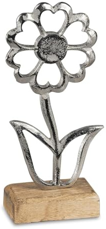 TEMPELWELT® Deko Figur Blume 21 cm, Aluminium Metall Blüte Silber mit Mango Holz massiv Natur, Holzdekoration Blümchen Aufsteller Frühling Ostern Sommer