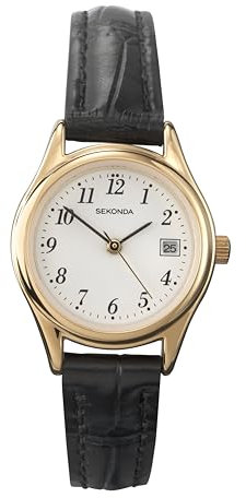Sekonda Womens 27mm Robinson Analogue 3 Hand Classic Quartz Watch Gold Case with White Dial Date Window and Black Leather Strap 30m Water Resistant