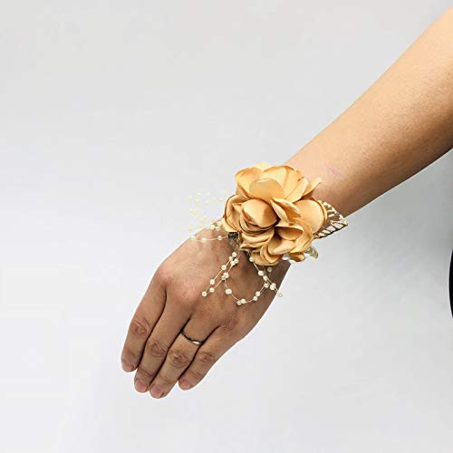 Abbie Home Decent Wrist Corsage for Prom Party Wedding Ball Event Silk Rose Rhinestone Hand Flower Classic Pearl Bracelet (Champagne)
