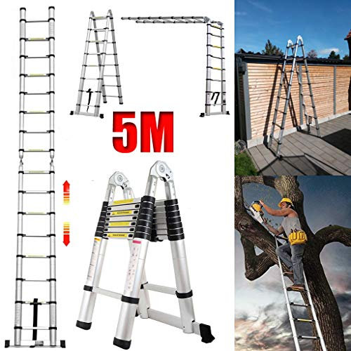 Teleskopleiter 5m Klappbar Aluleiter - Gerade Leiter & A-Rahmen Klappleiter, Teleskopleiter Ausziehleiter mit Stabilisator & Rutschfesten Füßen für Wohnmobil/Dachboden/Büro/Warenhaus