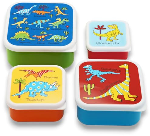 Tyrrell Katz Kids Snack Boxes with Dinosaur Print - Children's 4 Piece Set - Freezer Safe Square Food Storage Containers