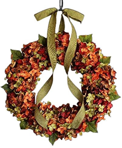 FreshWater Couronne pour porte d'entrée, couronne d'hortensia avec nœud décoratif, couronne de fleurs, couronne de Thanksgiving, porte d'entrée, décoration murale à suspendre, Orange