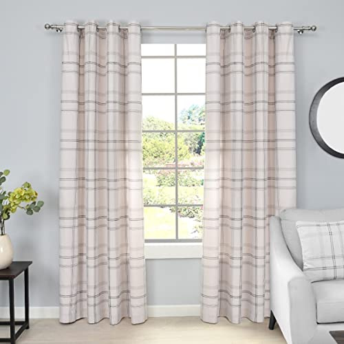Sleepdown Printed Check Thermal Insulated Eyelet Curtains for Bedroom and Living Room - Natural - 66x90 - 2 Panels