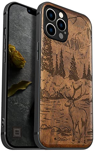 Carveit Holz Hülle für iPhone 12 Pro, Nussbaum-Berge und Hirsche | Cover kompatibel MagSafe [Holz und TPU Silikon Hybrid Hull] Magnetisch Case für iPhone 12 Pro Handyhülle
