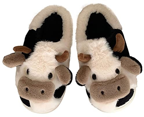 PW TOOLS Vaca Esponjosas Para Mujer, Bonitas Algodón Vaca, Pantuflas Cálidas Invierno, Pantuflas Suaves Antideslizantes, Felpa Animales Para Interior/exterior