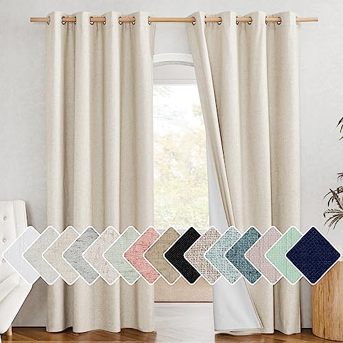 NICETOWN 100% Absolutely Blackout Linen Curtains with Thermal Insulated White Liner, 52 Wide, 2 Panels, 84 inches Long Drapes, Grommet Retro Beige Linen Curtains Vertical Drapes Privacy for Bedroom