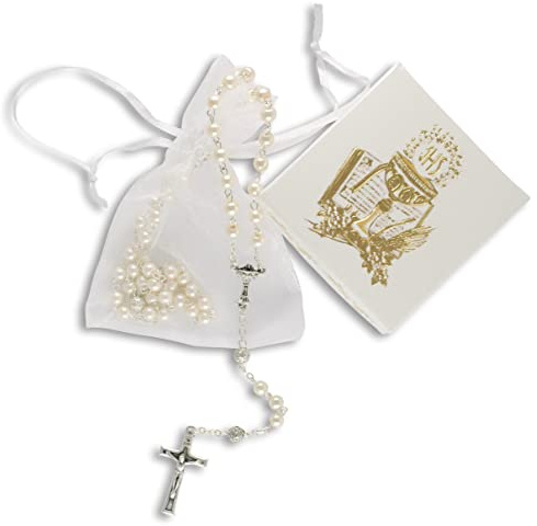 MaMeMi Rosenkranz zur KOMMUNION weiß 40 cm mit SILBERKREUZ – inkl. GESCHENKSCHACHTEL mit GOLDPRÄGUNG & ORGANZABEUTEL – edle PERLEN-OPTIK – Kommunionsgeschenk für MÄDCHEN & JUNGEN Made in ITALY