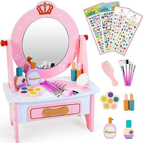 Kinderschminke Set für Mädchen ab 3 Jahre alt Holz Schminktisch Make up Spielzeug Geburtstage Weihnachten Geschenk für Mädchen 3 4 5 6 7 Jahre