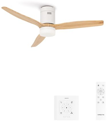 CREATE / WINDCALM M/Deckenventilator ABS mit Beleuchtung Weiß Hellesholzflügel-Optik mit Fernbedienung und Wandschalter / 40W, Leise, Ø132cm, Timer, DC-Motor, Sommer-Winterbetrieb