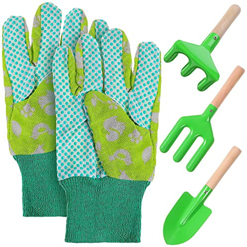 ABOOFAN Kids Gardening Tool Set 4Pcs Child Garden Tools with Gloves Fork Rake Shovel Lightweight Safe for Outdoor Garden Activities