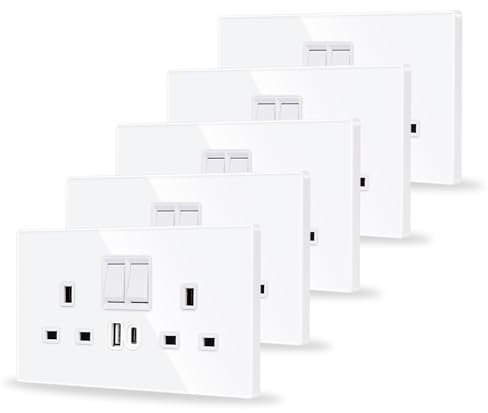 JIMEIDA 5 Pack Double Switched Socket White 20W Fast Charging 13 Amp with USB A and Type C Charging Ports Crystal Glass Panel Wall Outlet