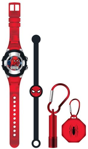 Accutime SPD40166 Armbanduhr Set Spider-Man mit Accessoires, Kinder LCD-Uhr mit digitaler Anzeige, blinkende LEDs, Gummiarmband, Mini-Taschenlampe und LED-Leuchte, für Jungen und Mädchen, Rot Schwarz