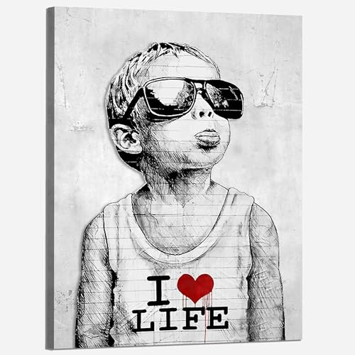 Kunstbruder Wandbilder Banksy berühmte Motive - Komplett Aufhängefertig, Street graffiti art, moderne Leinwand Mood bilder (ilovelifegrau, 60x80 cm)