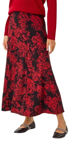 Roman Originals Check Print Stretch Skirt for Women UK - Ladies Everyday Holiday Autumn Winter Pull-On Elasticated Waistband Comfy Soft Evening Vacation Work Party - Wine Black - Size 20