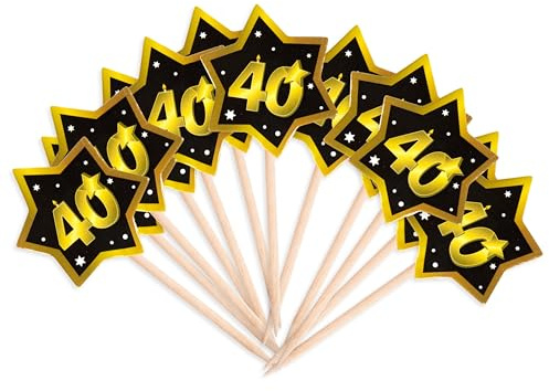 Tiwoca Deko zum 40. Geburtstag – 12 Stück schwarz-goldene Party-Picks in edler Optik Zahl 40 – Stilvolle Geburtstagsdeko und elegante Geschenkideen für Junge und Mädchen