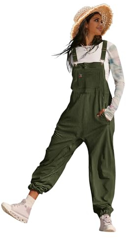 YESNO Women's Casual Corduroy Overalls Adjustable Straps Loose Sleeveless Harem Bib Jumpsuits for Women with Pockets L PCLUK ArmyGreen