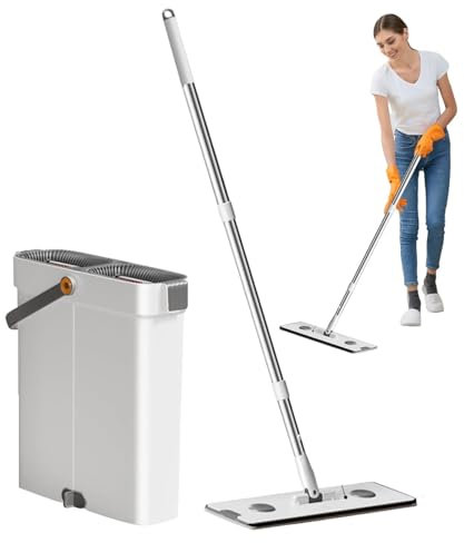 Bohany Set aus Bodenwischer und Eimer, Wischeimer mit Wringer - Bodenwischer- und Eimer-Set, drehbares Mikrofaser-Moppsystem - Nass-Trocken-Mopp, Reinigungsmopp-Eimer-Set, Bodenreinigungssystem für