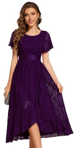 Ever-Pretty Abendkleider Damen Lang Rundhalsausschnitt Brautjungfernkleid Midi Ballkleider Chiffon V-Ausschnitt Cocktailkleid Kurze Ärmel Dunkelviolett 42