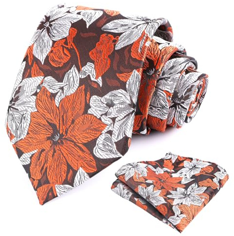 Alizeal Herrslips med näsduk set blommig silkeslen för bröllopsfest slips och näsduksset, 159-Burnt Orange+Vit, en storlek