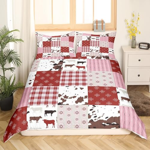 Homemissing Juego de ropa de cama con estampado de vaca para niños, diseño de vaca lechera, tamaño Super King, funda de edredón de piel de vaca, decoración de dormitorio, color rojo y blanco,