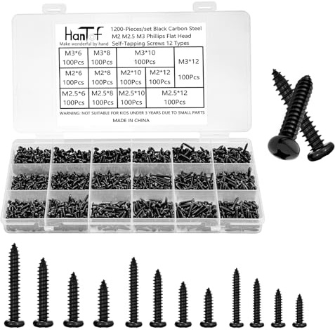 1200Pcs Black Tiny Self Tapping Screws for Wood, Plastic and Soft Metal. Phillips Pan Head M2 M2.5 M3 Small Tapper Screws Set for DIY Micro Woodworking Furniture Box. Carbon Steel