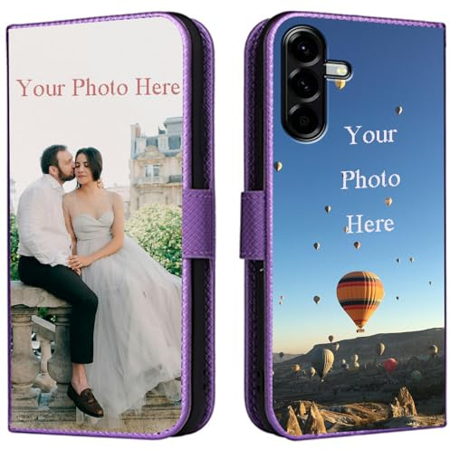 FortiCase Personalised Phone Case for Samsung Galaxy S24 FE,PU Leather Flip Cover,with Card Slots,Holder Cases,Design Your Own Photo Image,Text Personalised Case - Purple-LN4